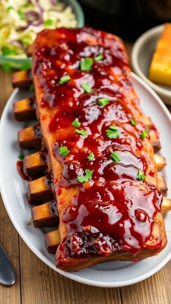 Delicious air fryer pork ribs glazed with barbecue sauce, served with coleslaw and cornbread.